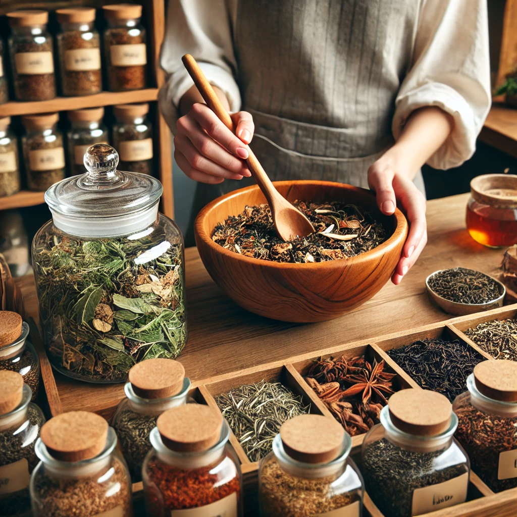 Creative tea blending setup with natural ingredients, recipe notebook, and tools for crafting custom tea blends as a fun hobby and extra income source