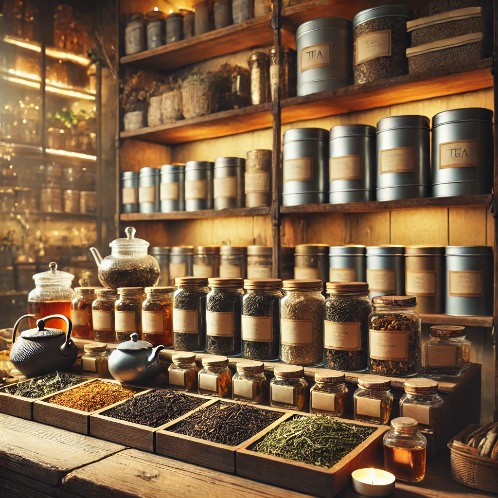 Creative tea blending setup with natural ingredients, recipe notebook, and tools for crafting custom tea blends as a fun hobby and extra income source