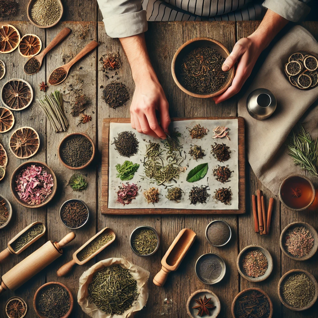 Homemade tea blending with organic herbs and flowers, perfect hobby idea for tea lovers looking to turn passion into profit.